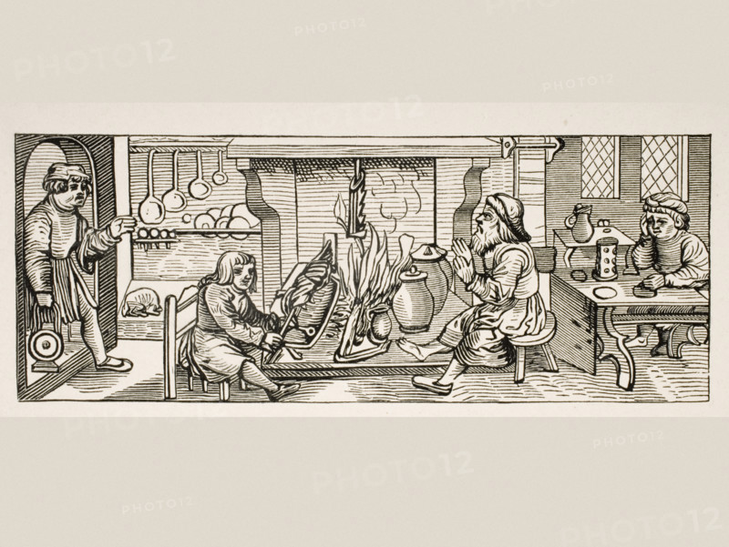 Interior of a 16th century kitchen. Copy of woodcut in Calendarium Romanum by Jean Staeffler printed in Tubingen Germany 1518.
