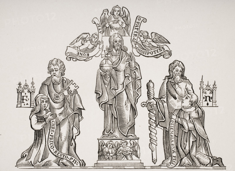 French alchemist Nicholas Flamel kneeling right 1330? to 1418? and wife Pernelle kneeling left. 19th century copy of 15th century painting under vaults of Cemetery of the Innocents Paris.