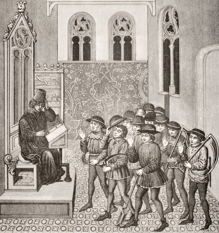 Villains receiving their Lord´s orders before going to work. 19th century reproduction of miniature in 15th century manuscript.
