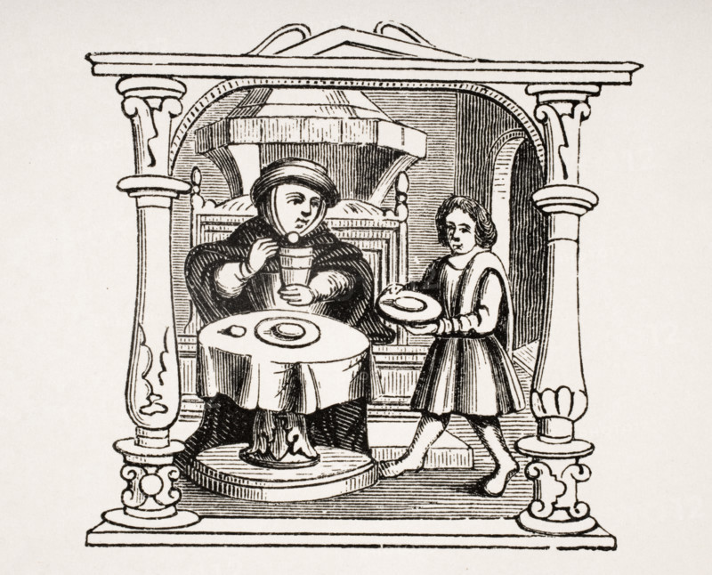 A Burgess at Meals. 19th century reproduction from 16th century manuscript.
