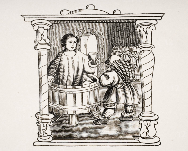 Treading of the Grape. 19th century reproduction of miniature in 16th century prayer book calendar.