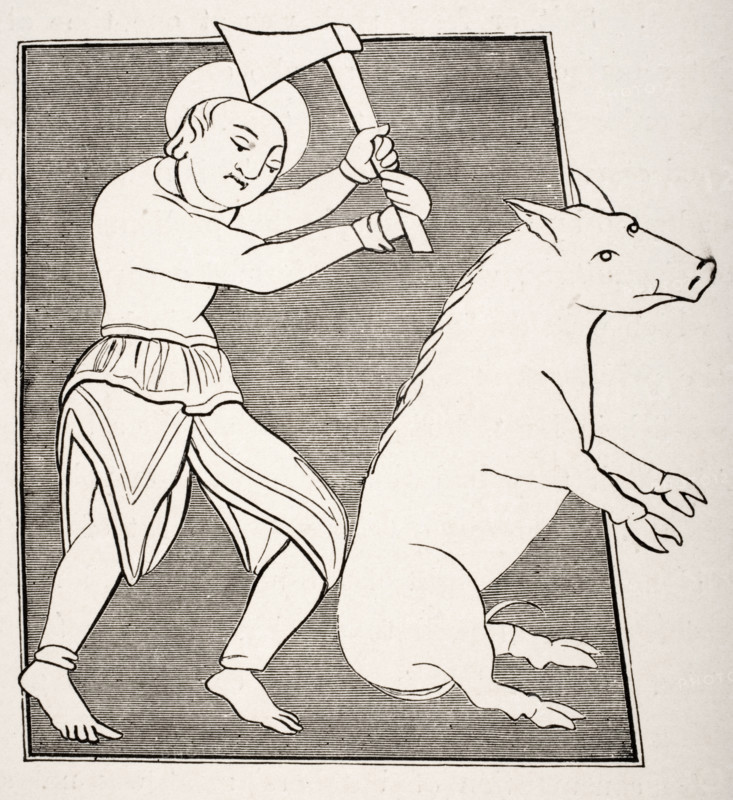 The pork butcher.  19th century reproduction of miniature in a charter of Solignac Abbey.