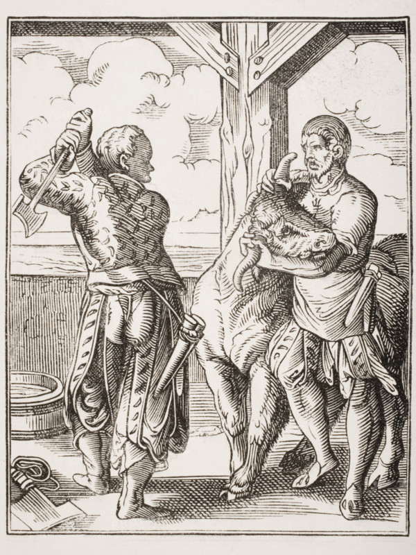 The Butcher and his Servant. 19th century reproduction of 16th century engraving by Jost Amman.