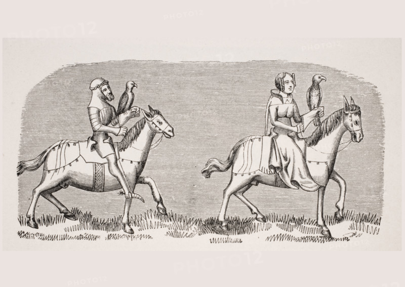 Lady Setting out Hawking. 19th century reproduction of miniature in 14th century manuscript of Livre du Roy Modus.
