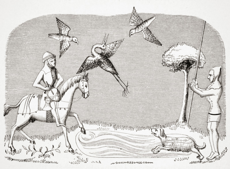 Heron Hawking. 19th century reproduction of miniature in 14th century manuscript of Livre du Roy Modus.