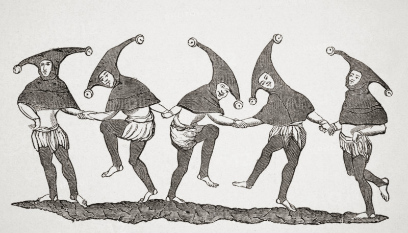 Dance of Fools. 19th century reproduction from miniature in 13th century manuscript.