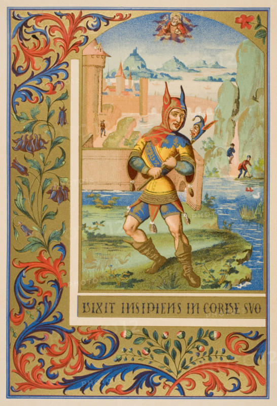 A court fool of the 15th century. 19th century reproduction of miniature from a medieval manuscript.