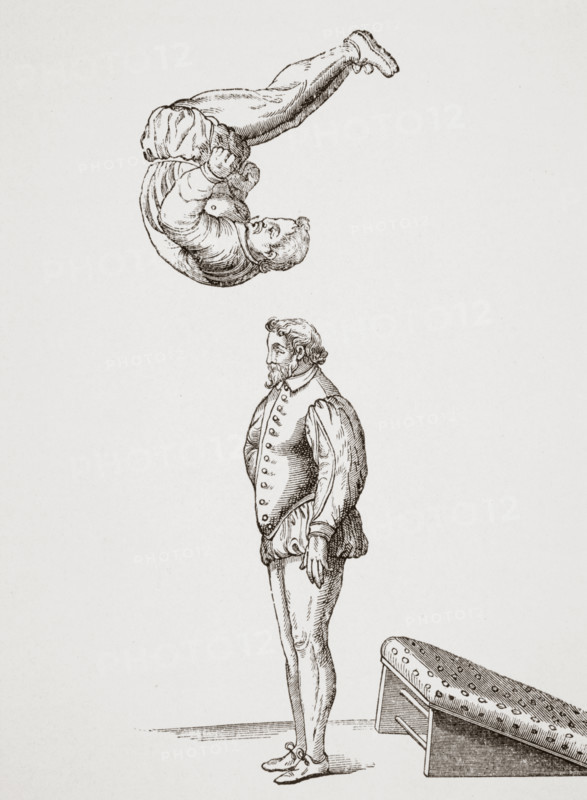 The Spring Board. 19th century reproduction of 16th century woodcut in Exercises in Leaping and Vaulting by A. Tuccaro.