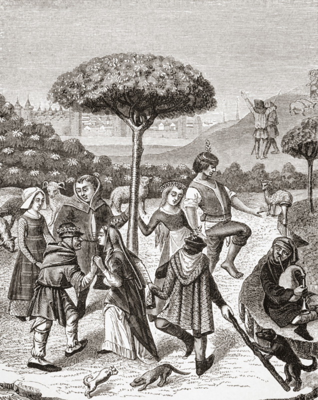 Peasant Dances of the May Feasts. After miniature in 15th century Prayer Book.