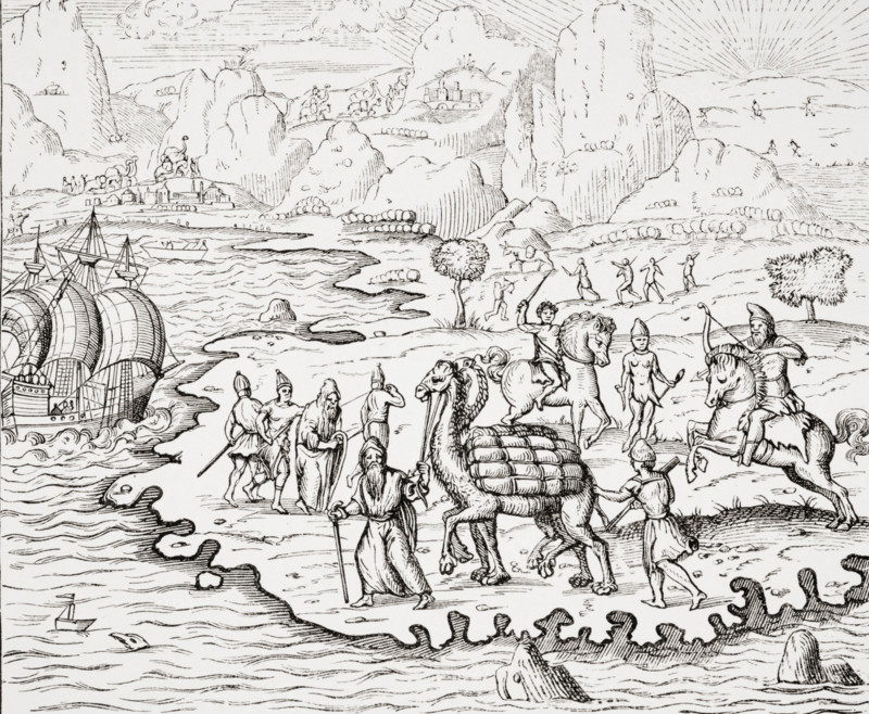 Transport of Merchandise on the Backs of Camels. 19th century reproduction of woodcut in La Cosmographie Universelle by Thevet edition of 1575.