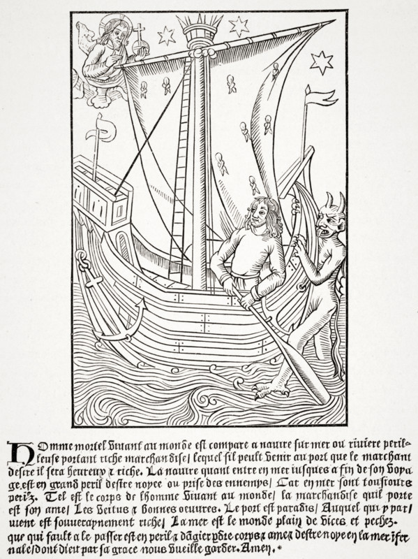 Merchant vessel in a storm. Facsimile of woodcut in Grand Kalendrier et Compost des Bergers by Nicolas de Rouge printed circa 1490.