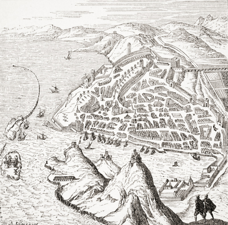 View and plan of Marseilles and its harbour in the 16th century after copperplate in Theatre des Citez du Monde.