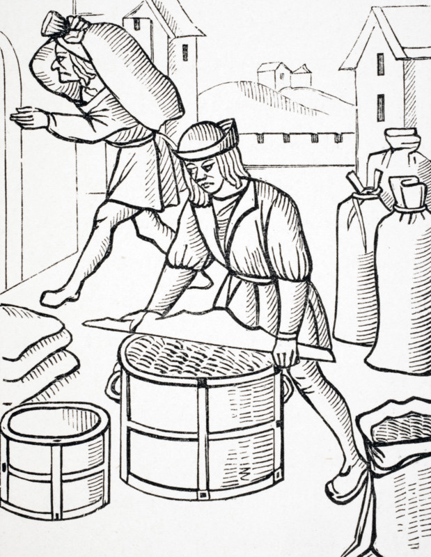 Measurers of Corn in Paris. After woodcut from Royal Orders Concerning the Jurisdiction of the Company of Merchants and Shrievalty in the City of Paris published 1528.