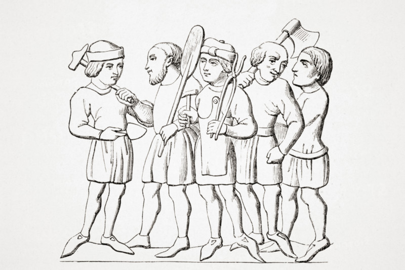 Craftsmen in the 14th century. 19th century reproduction of manuscript miniature.