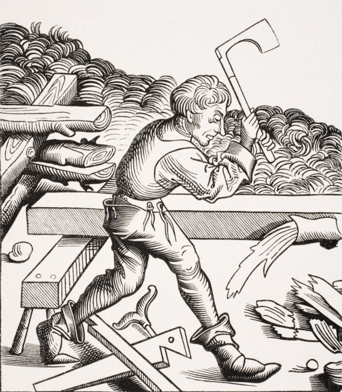 Companion Carpenter. 19th century reproduction of 15th century woodcut from Chronique de Nuremberg.