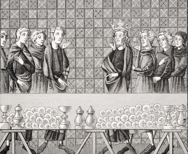 Courtiers amassing Riches at the Expense of the Poor.  From miniature in the 14th century manuscript Tresor of Brunetto Latini.