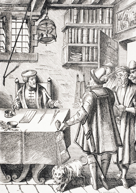 The Receiver of Taxes. Copy of woodcut in Damhoudere´s Praxis Rerum Civilium.
