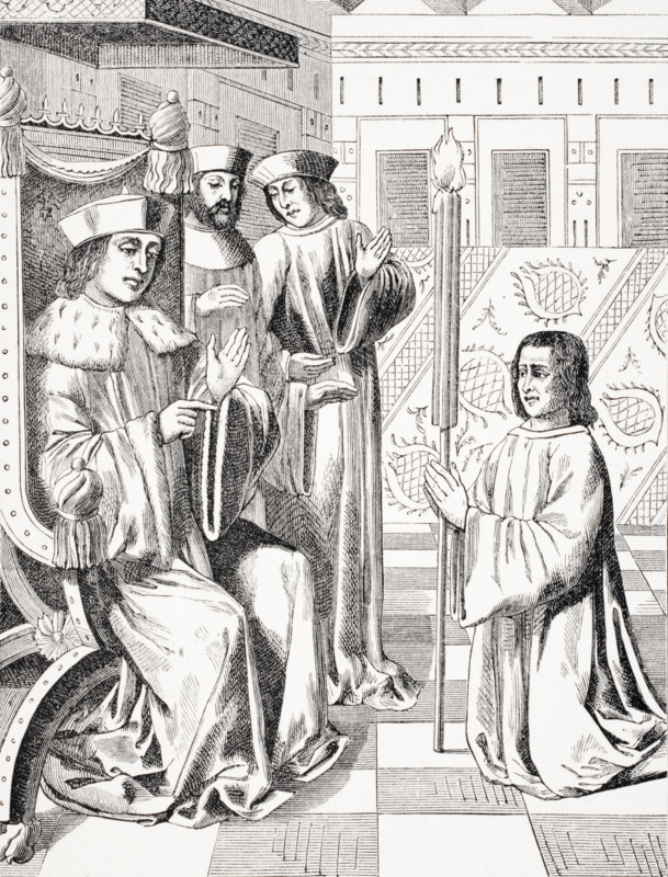 Amende honorable of Jacques Coeur before Charles VII. Copy of 15th century miniature in the Chroniques of Monstrelet.