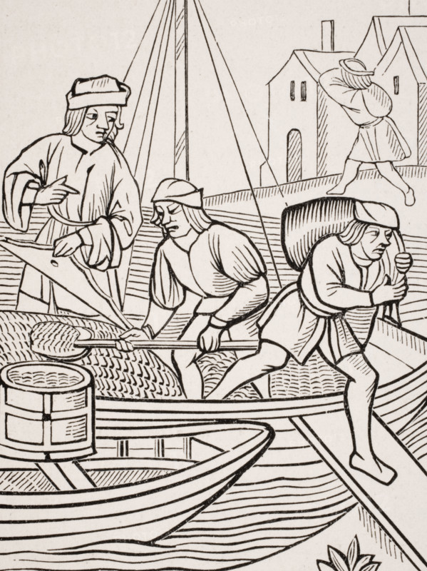 Measuring salt. 19th century reproduction of woodcut in Ordonnances de la Prevoste des Marchands de Paris dated 1500.