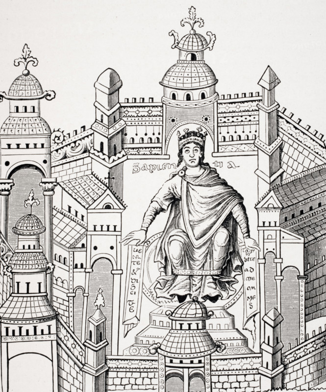 Carlovingian King in his Palace personifying Wisdom appealing to the whole Human Race. Copy of miniature from 9th century manuscript from drawing by Count Horace de Vielcastel.