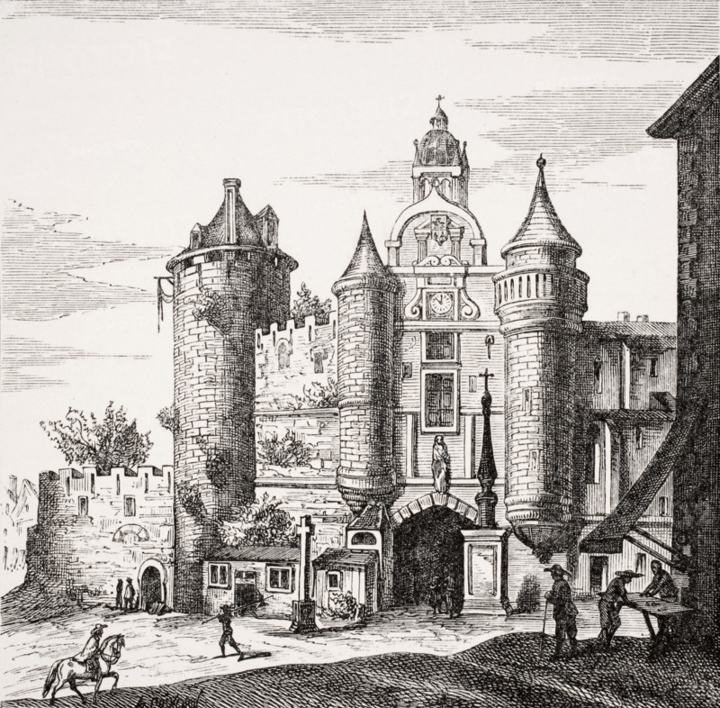 The Great Chatelet of Paris.  Principal front opposite the Pont-au-Change. Copy of copper engraving by Merian in Zellers Topographia Galliae.