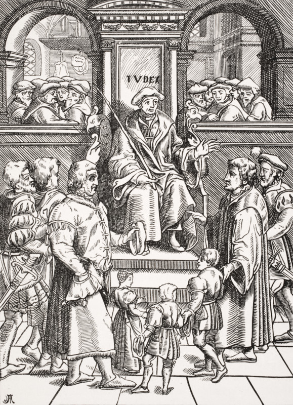 Inferior Court in the Great Bailiwick. Adoption of orphan children. Copy of woodcut in J. Damhoudere´s Refuge et Garand des Pupilles Orphelins published 1557.
