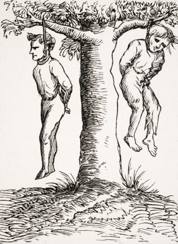 Execution of the Sentences of the Secret Tribunal. Copy of woodcut in the Cosmographie Universelle published Basle 1552.