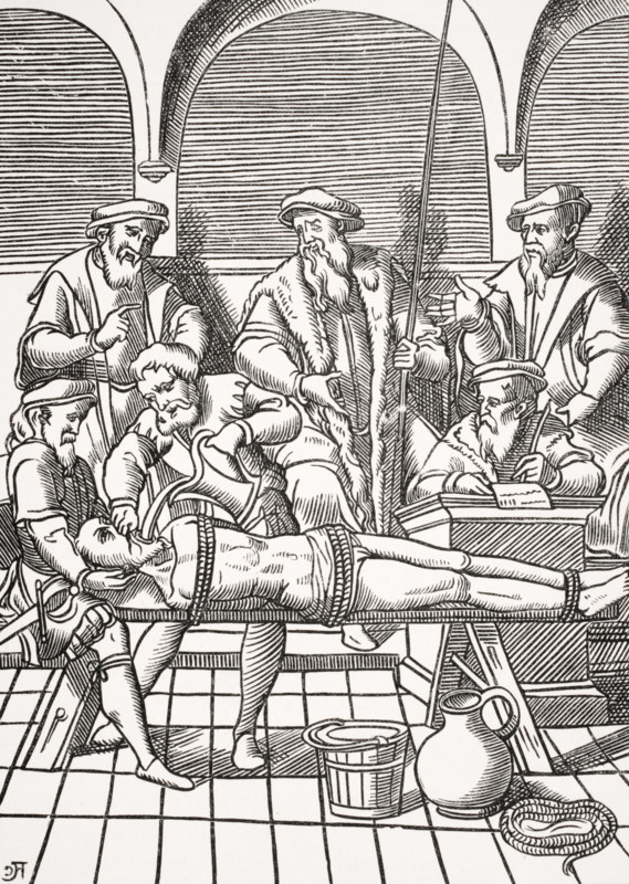 The water torture. Copy of woodcut in J. Damhoudere´s Praxis Rerum Criminalium published Antwerp 1556.