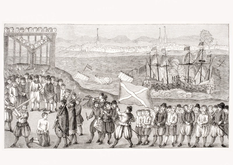 Execution of the celebrated pirate Stoertebeck and his seventy accomplices in 1402 in Hamburg. 19th century reproduction of a popular picture from the 16th century.