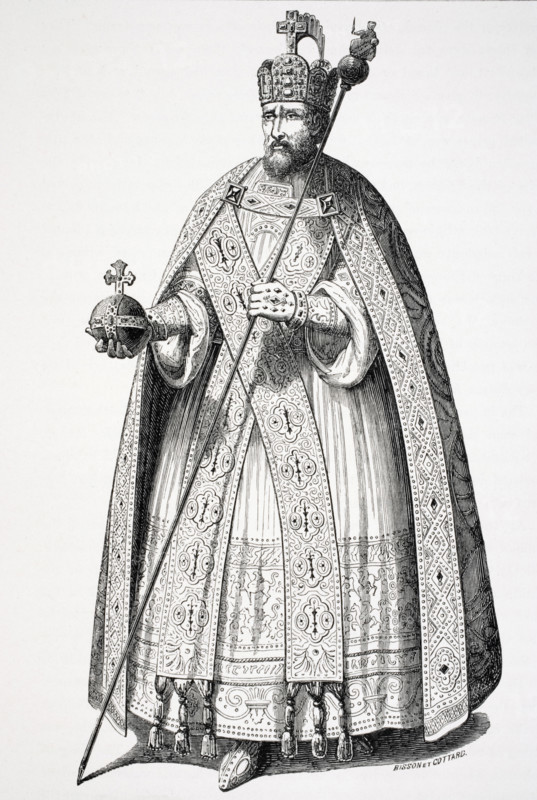 Costume of Emperors at their coronation since the time of Charlemagne. From an engraving in a work entitled Insignia Sacrae Majistatis Caesarum Principum.