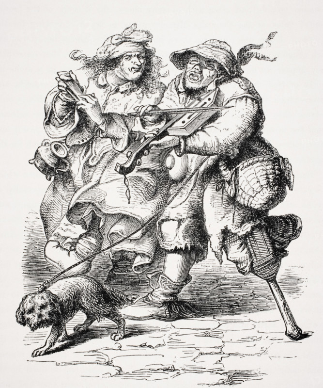 Beggar playing the fiddle and his wife accompanying him with bones. Copy of an old engraving of the seventeenth century.