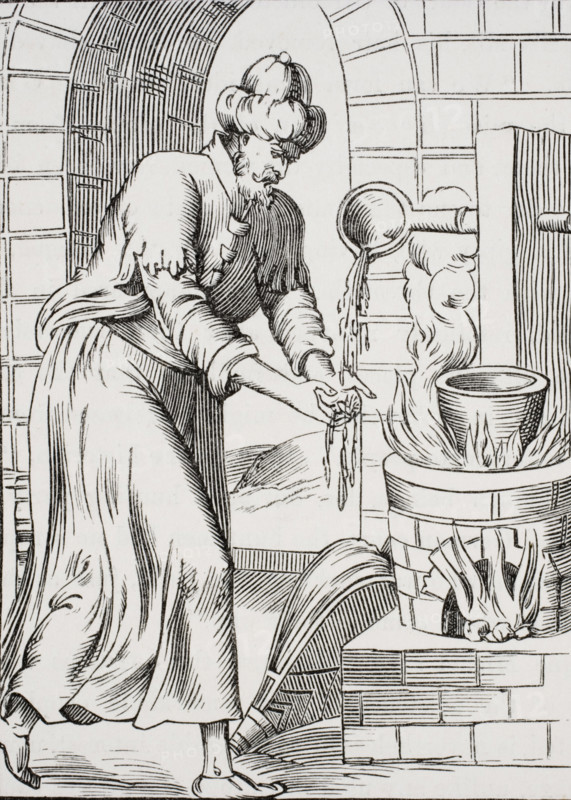 The Gipsy who used to wash his hands in molten lead. Facsimile of a woodcut in the Histoires Merveillesuses.