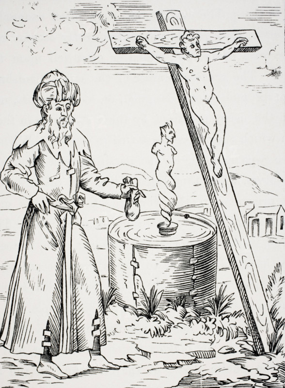 Legend of the Jew calling the devil from a vessel of blood. Facsimile of a woodcut in Boaistuau's Histoires Prodigieuses.