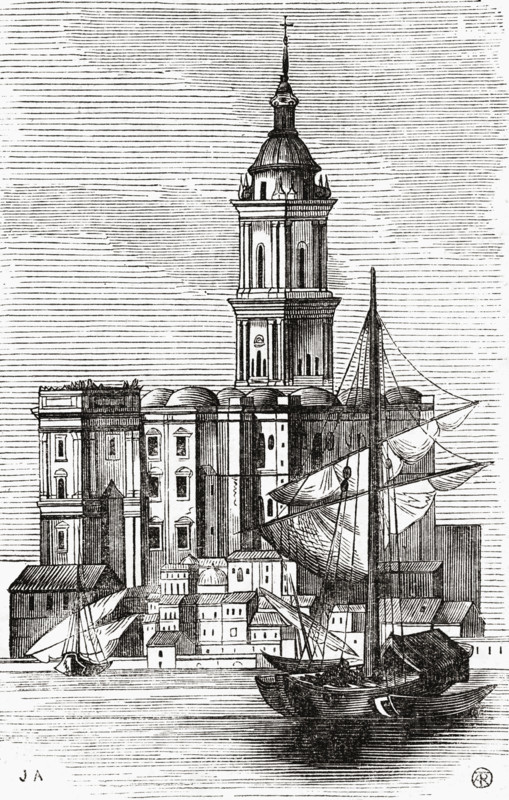 View of Malaga Cathedral from the port. 19th century print from the 'Viaje Ilustrado'. Málaga
