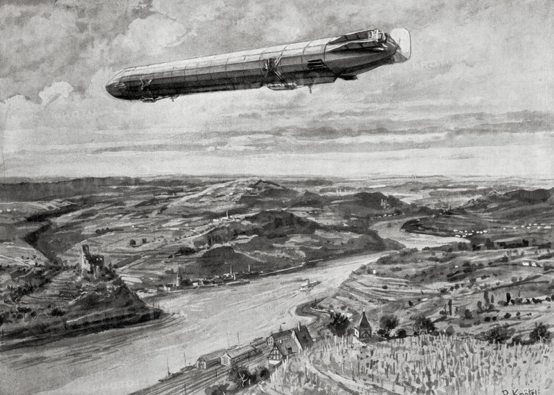 Zeppelin airship in flight over the Rhine