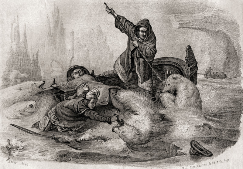 Polar Bear Hunting. 19th century lithograph after Biard by Em. Baerentzen & Co.From the book 'Figaro. Journal of Literature
