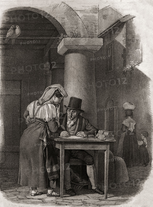 Public scribe working in market place.19th century lithograph by Em. Baerentzen & Co