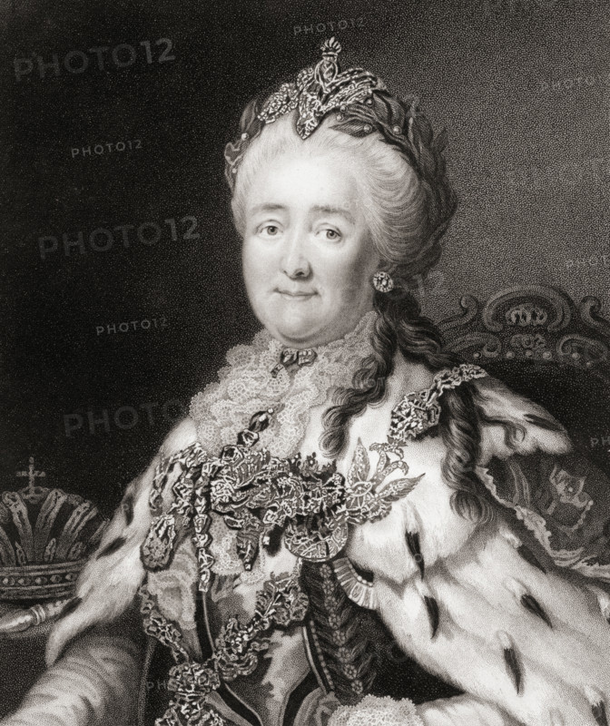Catherine II The Great,1729-1796. German born Empress of Russia.   From the book “Gallery of Portraits” published London 1833.