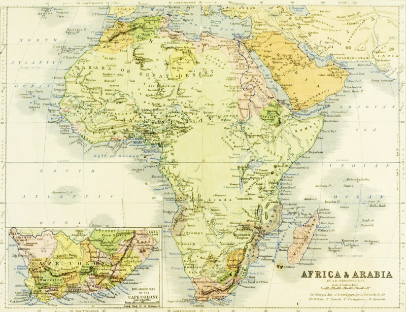 19th century map of Africa and Arabia. Engraved and  printed in 1869 by W.&A.K.Johnston.
