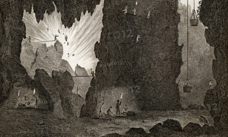 View of an Iron Mine.  Engraved by Lester. From the book 'The Gallery of Nature and Art' volume II. Published London c.1823.