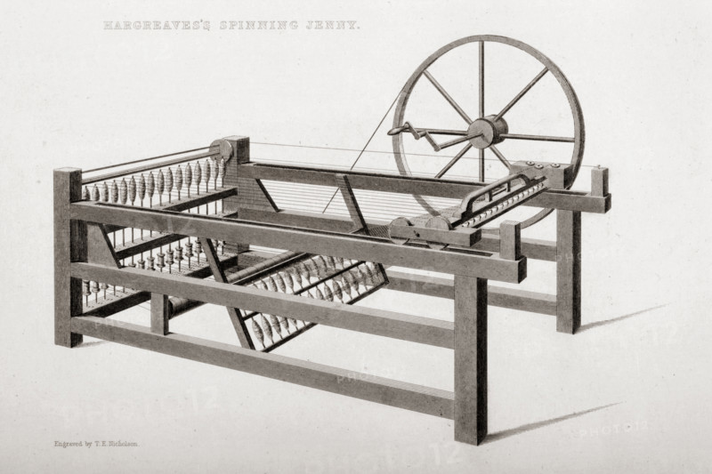 Hargreave's Spinning Jenny. Engraved by T.E. Nicholson in 1830s.