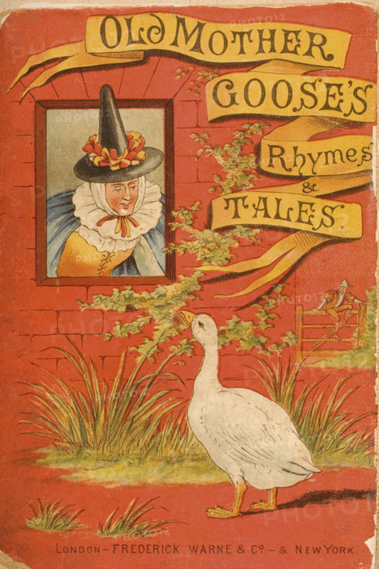 Chromolithographic cover illustration from Old Mother Goose's Rhymes and Tales. Illustrated by Constance Haslewood. Published by Frederick Warne & Co London and New York circa 1890s. Chromolithography by Emrik & Binger of Holland.