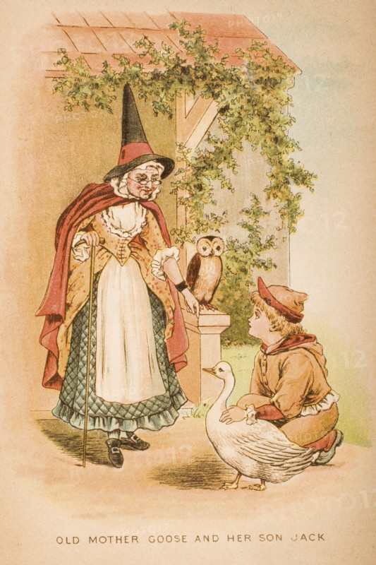 Illustration of old mother goose and her son Jack from Old Mother Goose's Rhymes and Tales. Illustrated by Constance Haslewood. Published by Frederick Warne & Co London and New York circa 1890s. Chromolithography by Emrik & Binger of Holland.