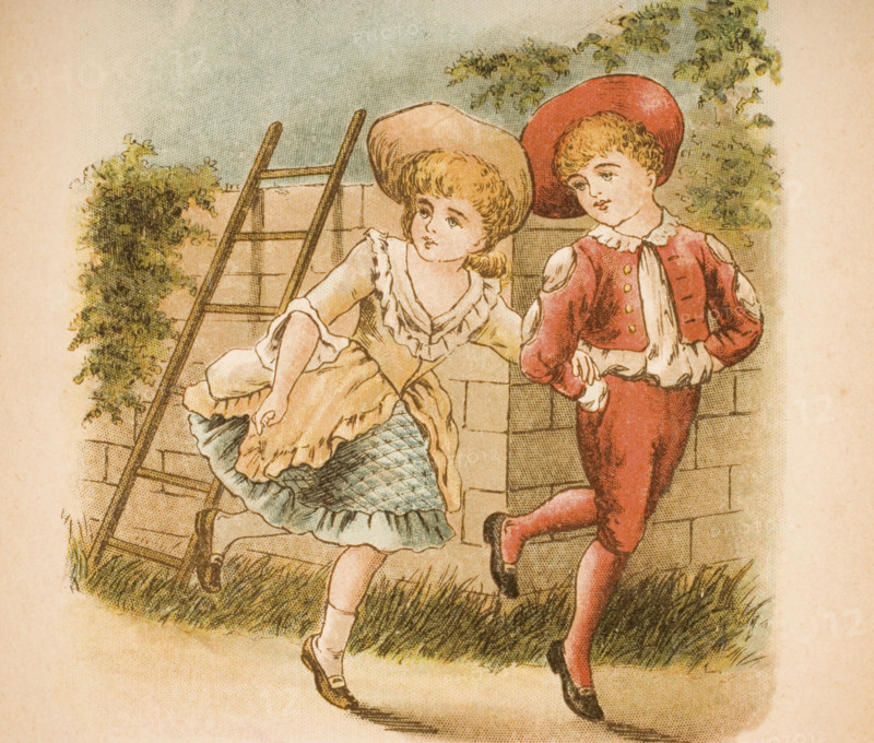 Illustration of girl and boy from Old Mother Goose's Rhymes and Tales. Illustrated by Constance Haslewood. Published by Frederick Warne & Co London and New York circa 1890s. Chromolithography by Emrik & Binger of Holland.