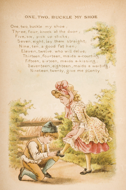 Nursery rhyme and illustration of One Two Buckle My Shoe from Old Mother Goose's Rhymes and Tales. Illustrated by Constance Haslewood. Published by Frederick Warne & Co London and New York circa 1890s. Chromolithography by Emrik & Binger of Holland.
