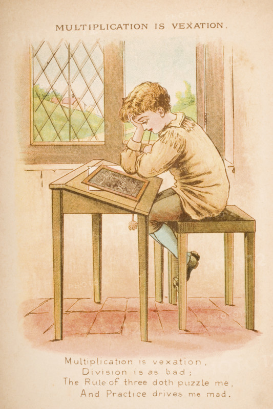 Nursery rhyme and illustration of Multiplication is vexation from Old Mother Goose's Rhymes and Tales. Illustrated by Constance Haslewood. Published by Frederick Warne & Co London and New York circa 1890s. Chromolithography by Emrik & Binger of Holland.