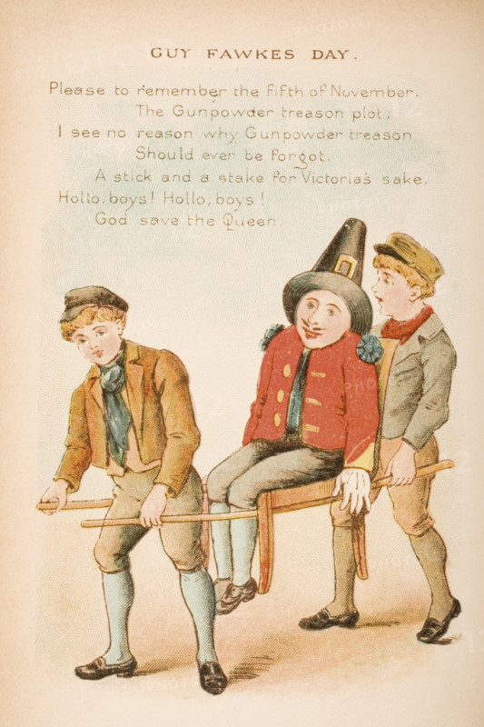 Nursery rhyme and illustration of Guy Fawkes Day from Old Mother Goose's Rhymes and Tales. Illustrated by Constance Haslewood. Published by Frederick Warne & Co London and New York circa 1890s. Chromolithography by Emrik & Binger of Holland.