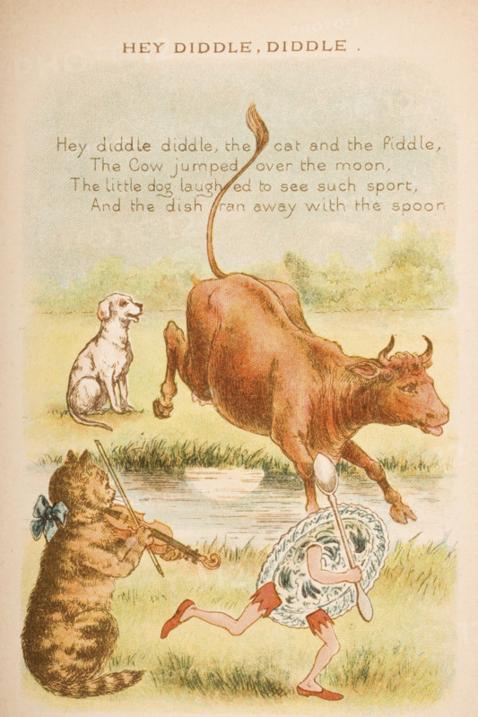 Nursery rhyme and illustration of Hey Diddle Diddle from Old Mother Goose's Rhymes and Tales. Illustrated by Constance Haslewood. Published by Frederick Warne & Co London and New York circa 1890s. Chromolithography by Emrik & Binger of Holland.