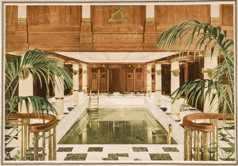 Cunard Line promotional brochure for the RMS 'Carinthia' circa 1926-1930. The swimming pool.