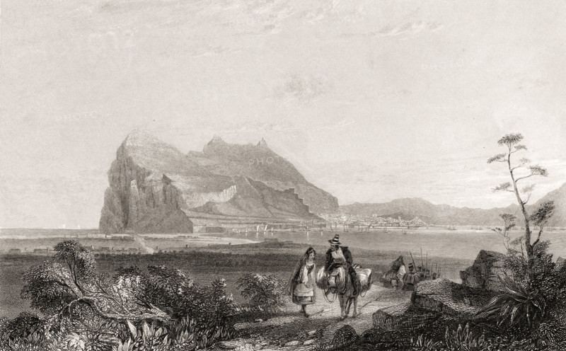 Gibraltar from the lower Signal Tower at the foot of the Queen of Spain´s Chair.  19th century print.  Drawn from nature by Lieutenant H.E. Allen (Royal Engineers).  Engraved by E. Finden.